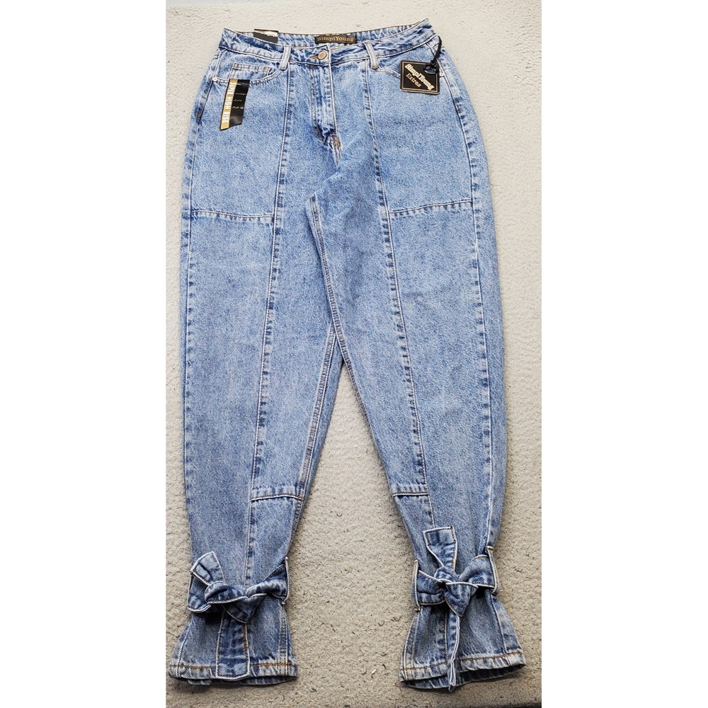SimplYoung Boyfriend Jeans Women 11 Blue Denim Super High Rise Acid Wash Bow Hem